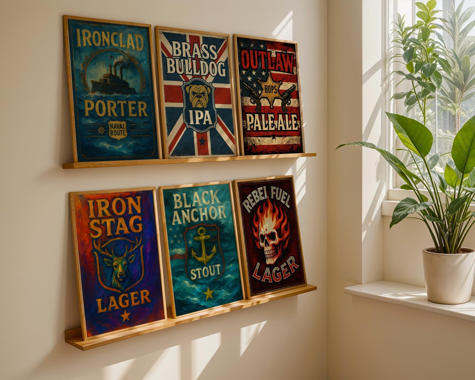 Bold vintage-style wall art featuring a fictional &#39;Wolejaw Weissbier&#39; label with classic German design, including a fierce wolf crest and alpine mountains. Rich golden tones and stylized barley details make this piece ideal for beer lovers, home bar setups, or rustic kitchen decor. Evoke the charm of Bavarian beer halls and artisanal brewing with this nostalgic artwork that blends character and color into your space.