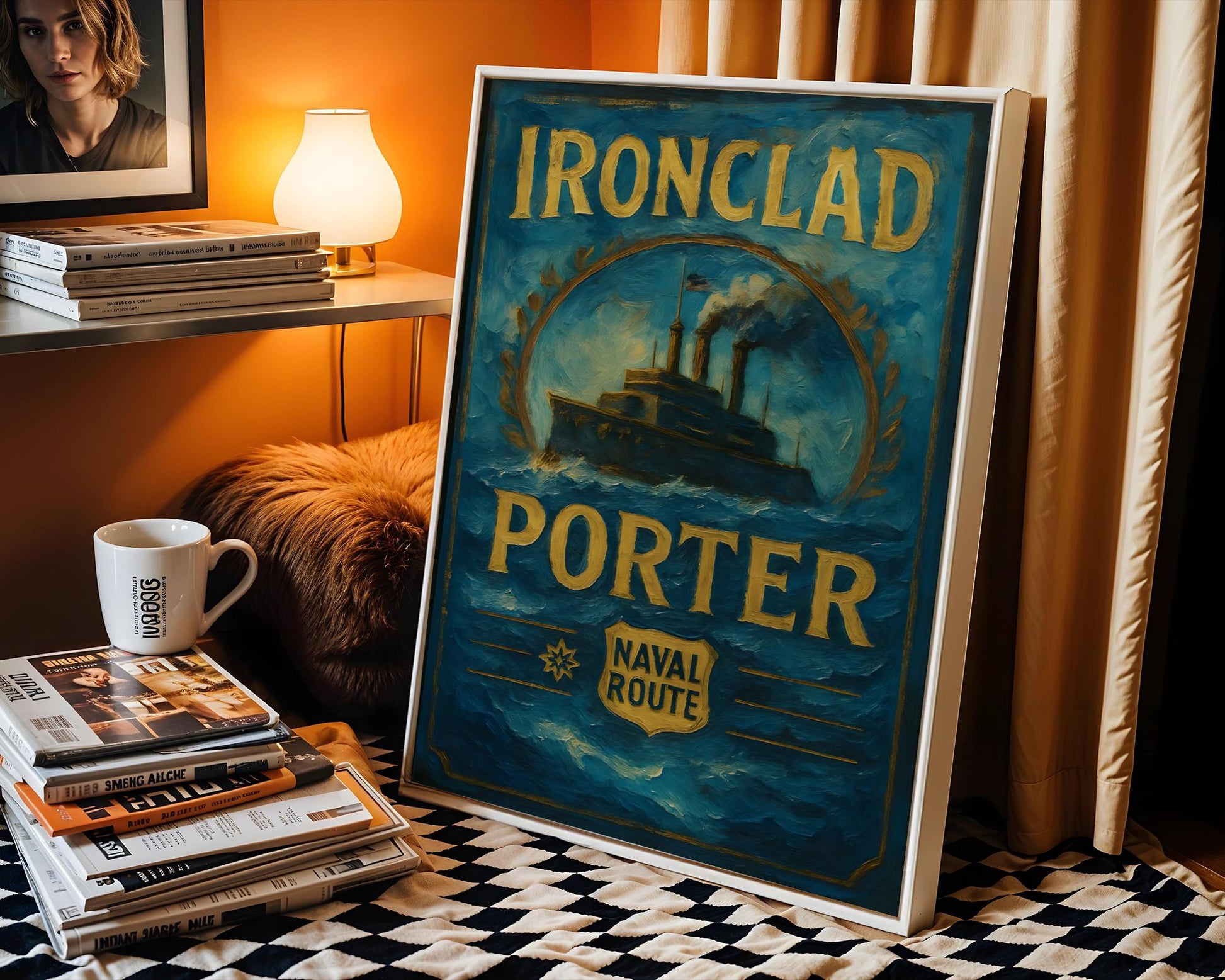 Maritime-themed vintage print featuring a fictional &#39;Ironclad Porter&#39; beer label with a steamship, laurel wreath, and deep sea blues. Inspired by naval history and robust stout flavors, this striking artwork suits coastal kitchens, bars, and rustic breweries. A perfect gift for sailors, stout drinkers, or history buffs who appreciate nautical charm and bold aesthetics in their wall decor. Timeless, adventurous, and strong.