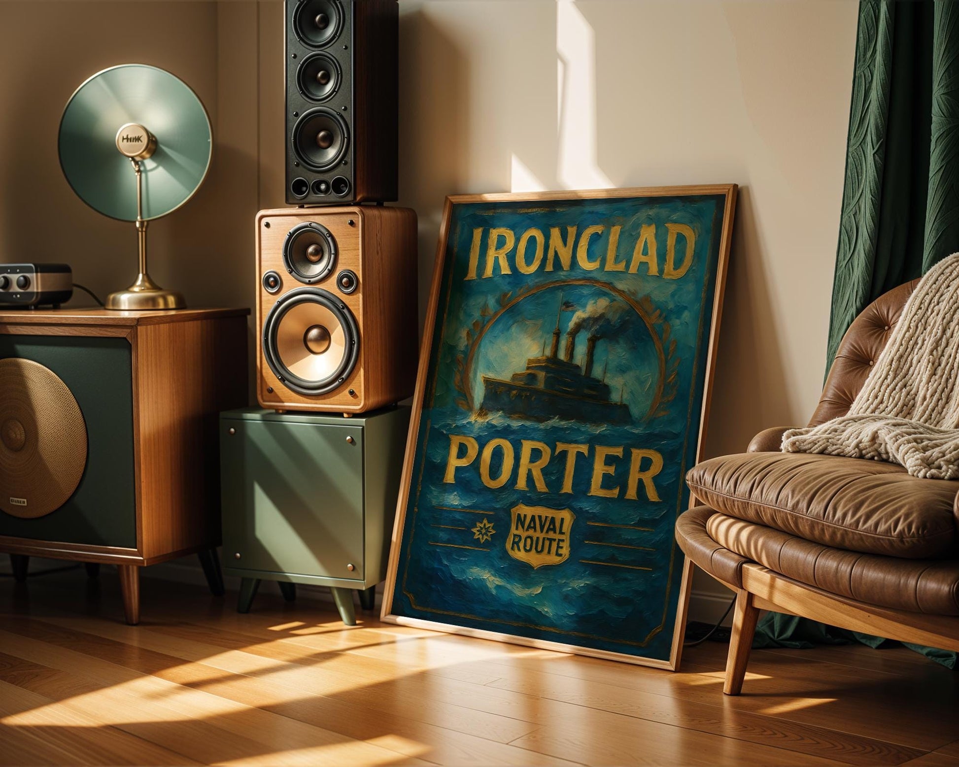 Maritime-themed vintage print featuring a fictional &#39;Ironclad Porter&#39; beer label with a steamship, laurel wreath, and deep sea blues. Inspired by naval history and robust stout flavors, this striking artwork suits coastal kitchens, bars, and rustic breweries. A perfect gift for sailors, stout drinkers, or history buffs who appreciate nautical charm and bold aesthetics in their wall decor. Timeless, adventurous, and strong.