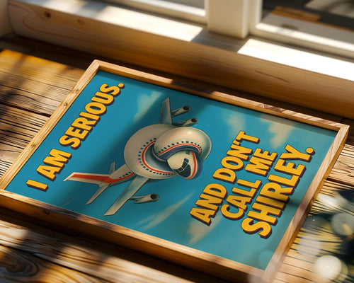 Retro poster print of the iconic quote “I am serious. And don’t call me Shirley.” from the cult classic 1980s film Airplane!, featuring a twisted airplane illustration and bold yellow text on a blue sky background, perfect for fans of vintage comedy, film lovers, and collectors of hilarious pop culture prints, great for home theaters, man caves, and offices.