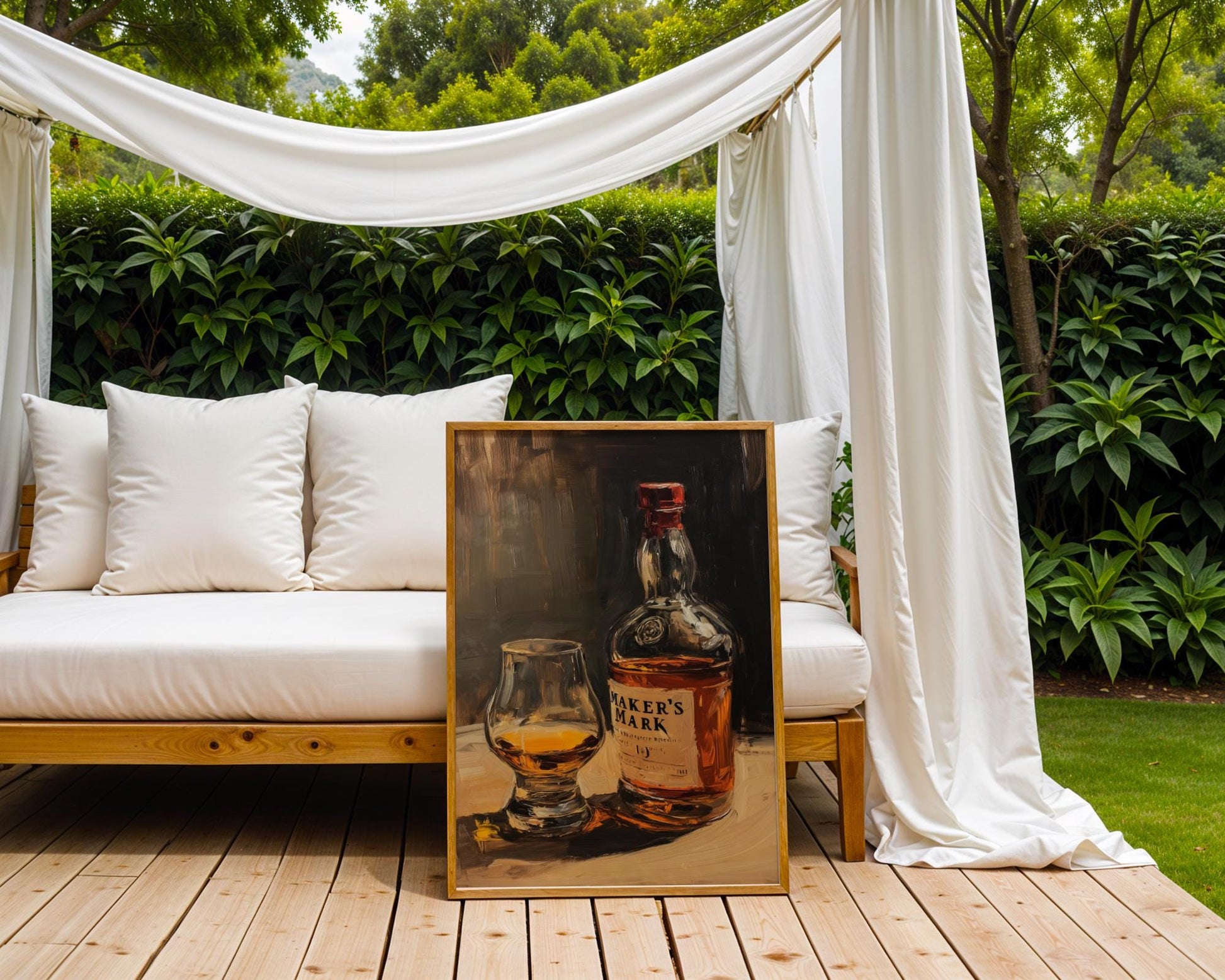 Painterly wall art featuring a Maker’s Mark whiskey bottle and tasting glass, rendered in rich amber tones with soft, moody shadows. Ideal for whiskey connoisseurs, this print blends classic branding with a fine art aesthetic — perfect for cozy lounges, stylish home bars, or refined mancave setups. A must-have tribute to the smooth character of Kentucky straight bourbon.