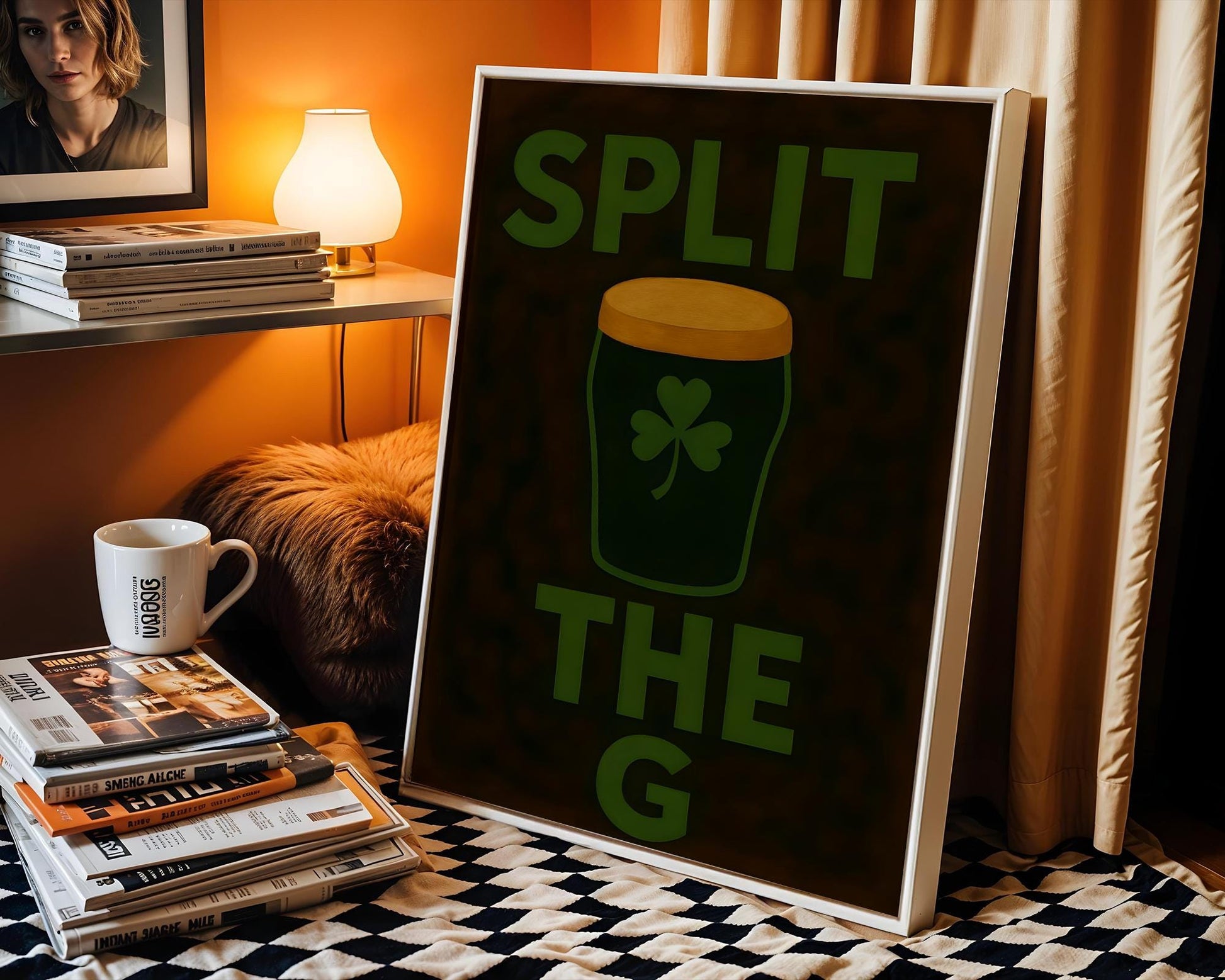 Bold typography print with &#39;Split the G&#39; and a dark stout pint in the center, featuring a green shamrock motif. Set against a deep, moody background, this humorous and iconic Irish beer reference is perfect for Guinness fans and pub lovers. Ideal for home bars, St. Paddy’s Day displays, or mancave walls where beer rules supreme.